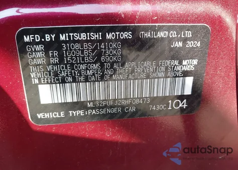 2024 Mitsubishi Mirage G4 Es from USA, damaged, VIN ML32FUFJ2RHF08473